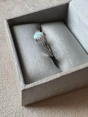 Sterling Silver Opal Teardrop Ring with Diamond Accents - White Opal